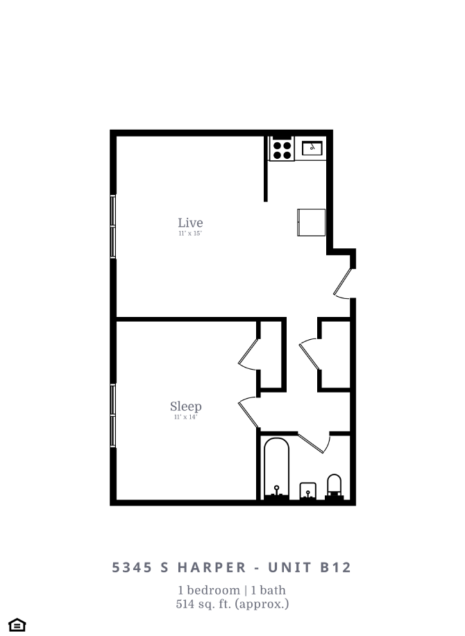 Floor plan for 1 bed, 1 bath, 514 sqft